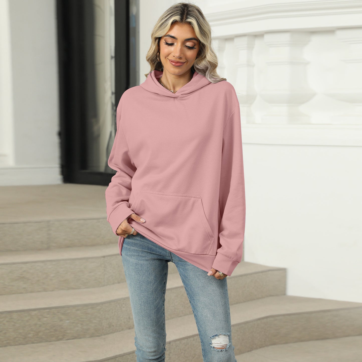 Moletom casual com capuz e bolso feminino